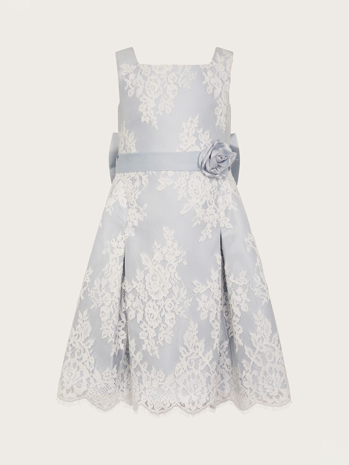 Monsoon Kids' Floral Lace Bow Detail Occasion Dress, Pale Blue, 14-15 years