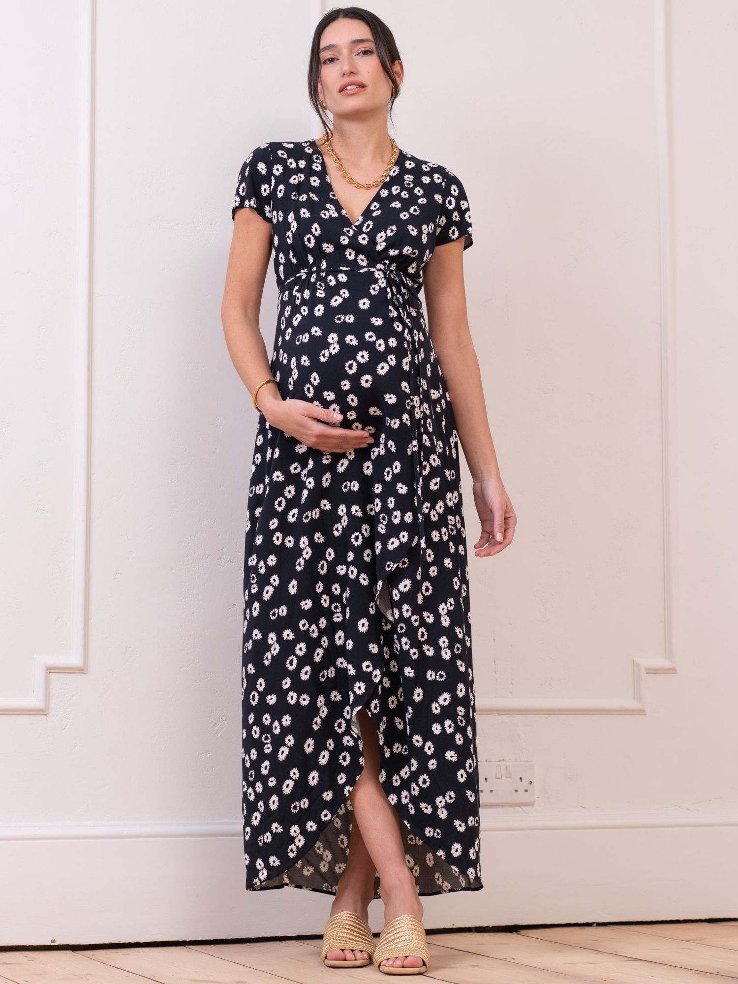 Seraphine Daisy Print Wrap Maternity Dress, Black/Multi, 8