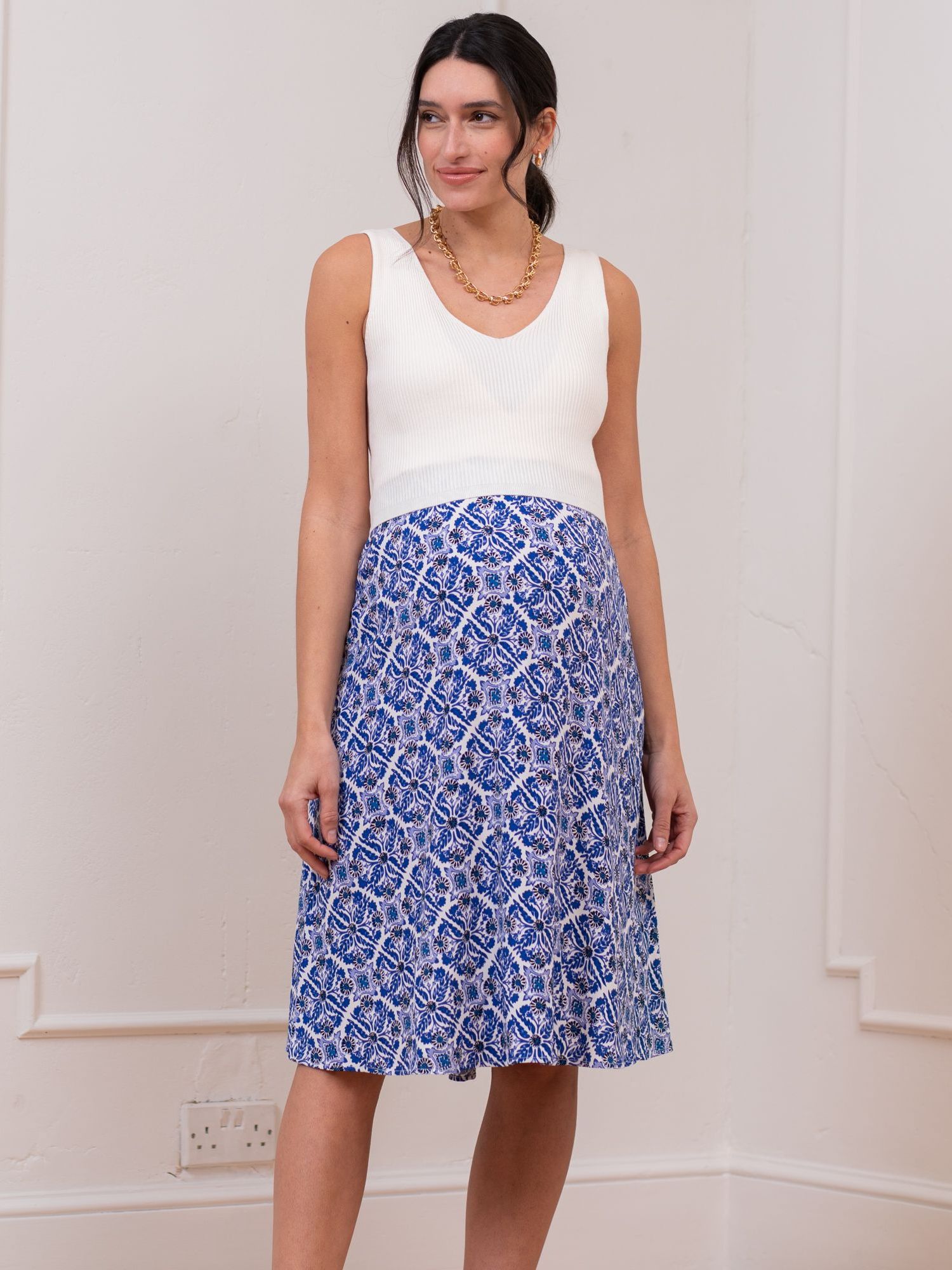 Seraphine Stacie Layered Tile Print Maternity Dress, Blue/White, 6