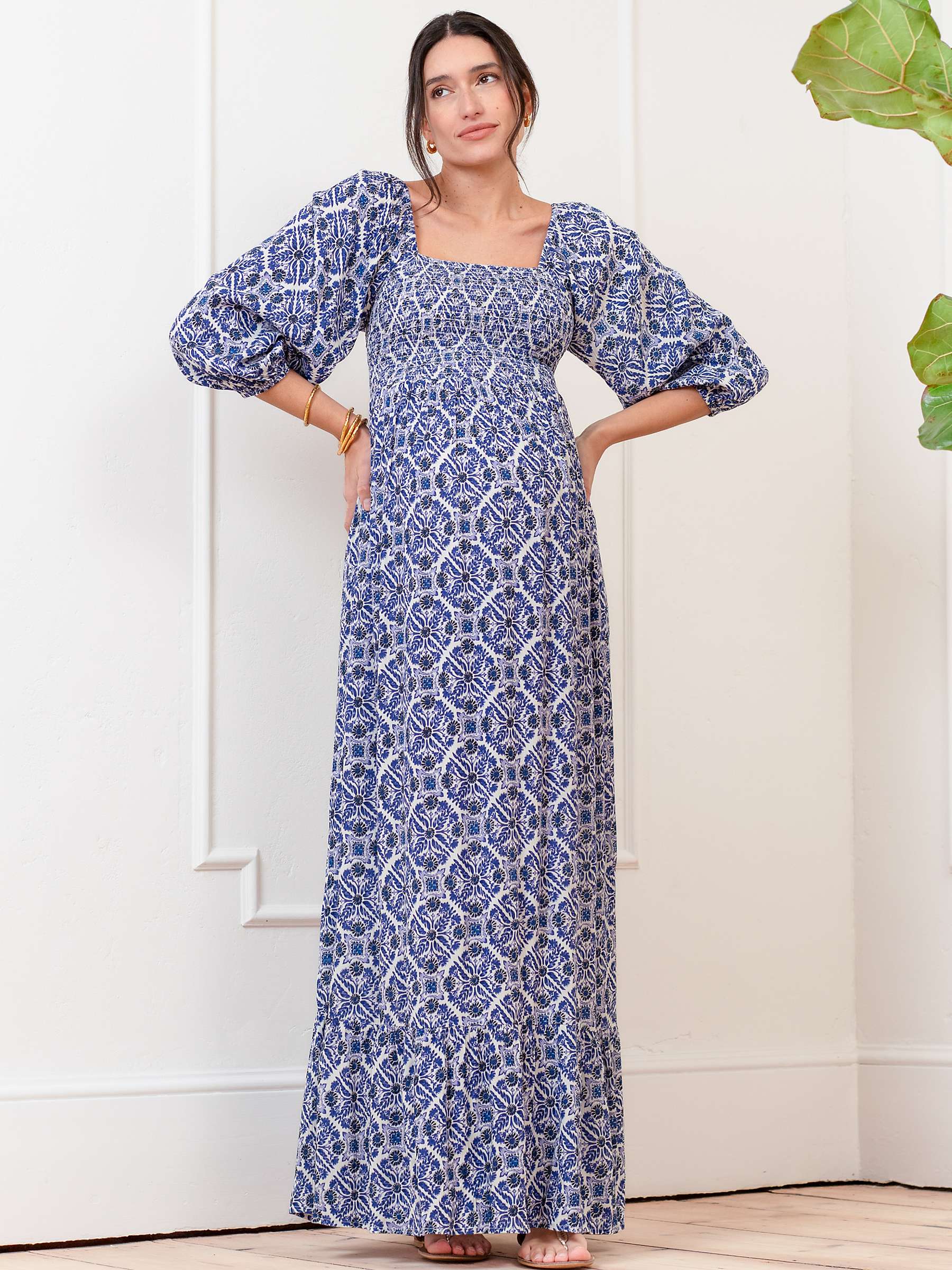 Buy Seraphine Lally Tile Print Shirred Bodice Maxi Maternity Dress, Blue/Multi Online at johnlewis.com