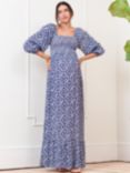 Seraphine Lally Tile Print Shirred Bodice Maxi Maternity Dress, Blue/Multi, Blue/Multi
