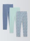 John Lewis Kids' Stripe/Plain/Floral Leggings, Pack of 3, Blue/Multi