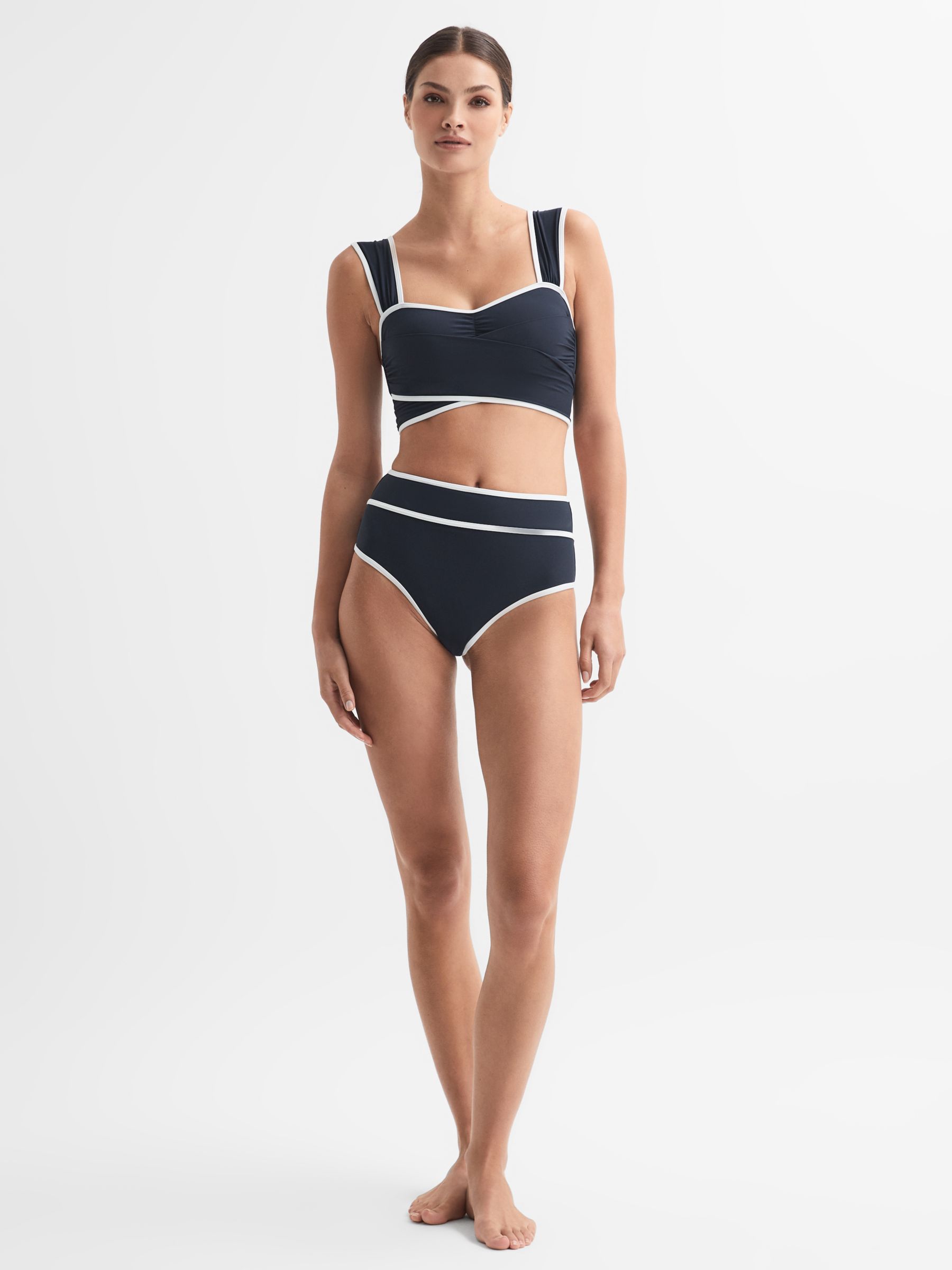 Reiss Cristina Contrast Seam Wrap Bikini Top, Navy/White, 6