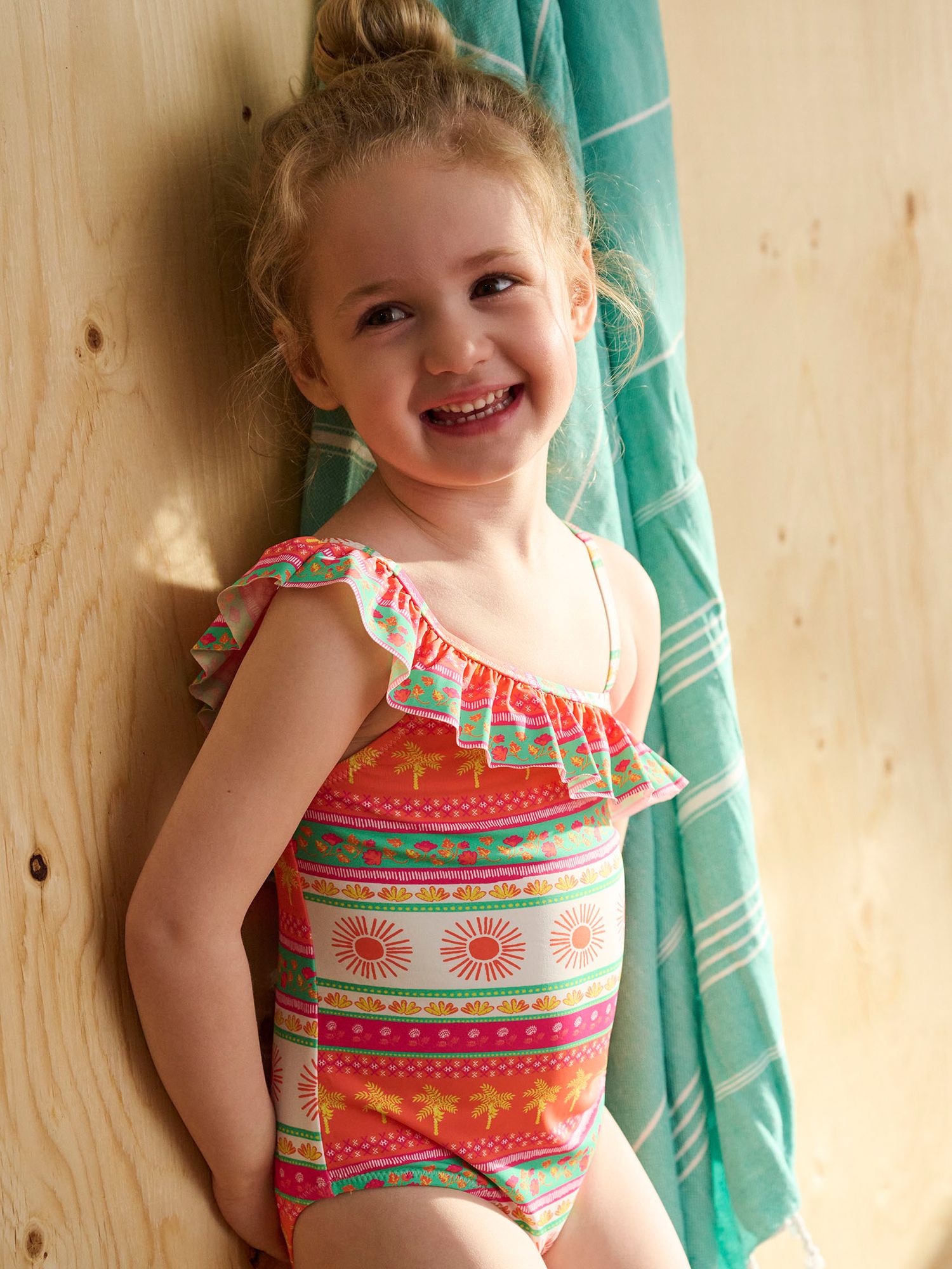 Hatley Kids' Ornate Tropical Ruffle Trim Swimsuit, White, 2 years