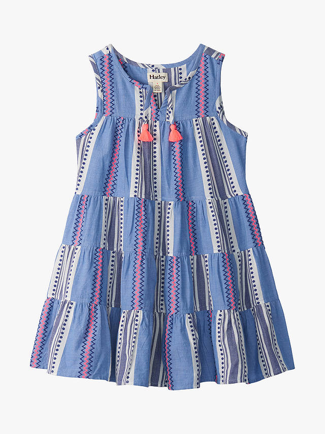 Hatley Kids' Boho Abstract Stripe Layered Tiered Dress, Blue/White