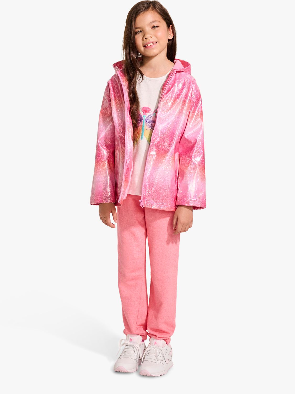 Hatley Kids' Summer Stripe Glitter Zip Up Hooded Rain Jacket, Sachet Pink, 12 years