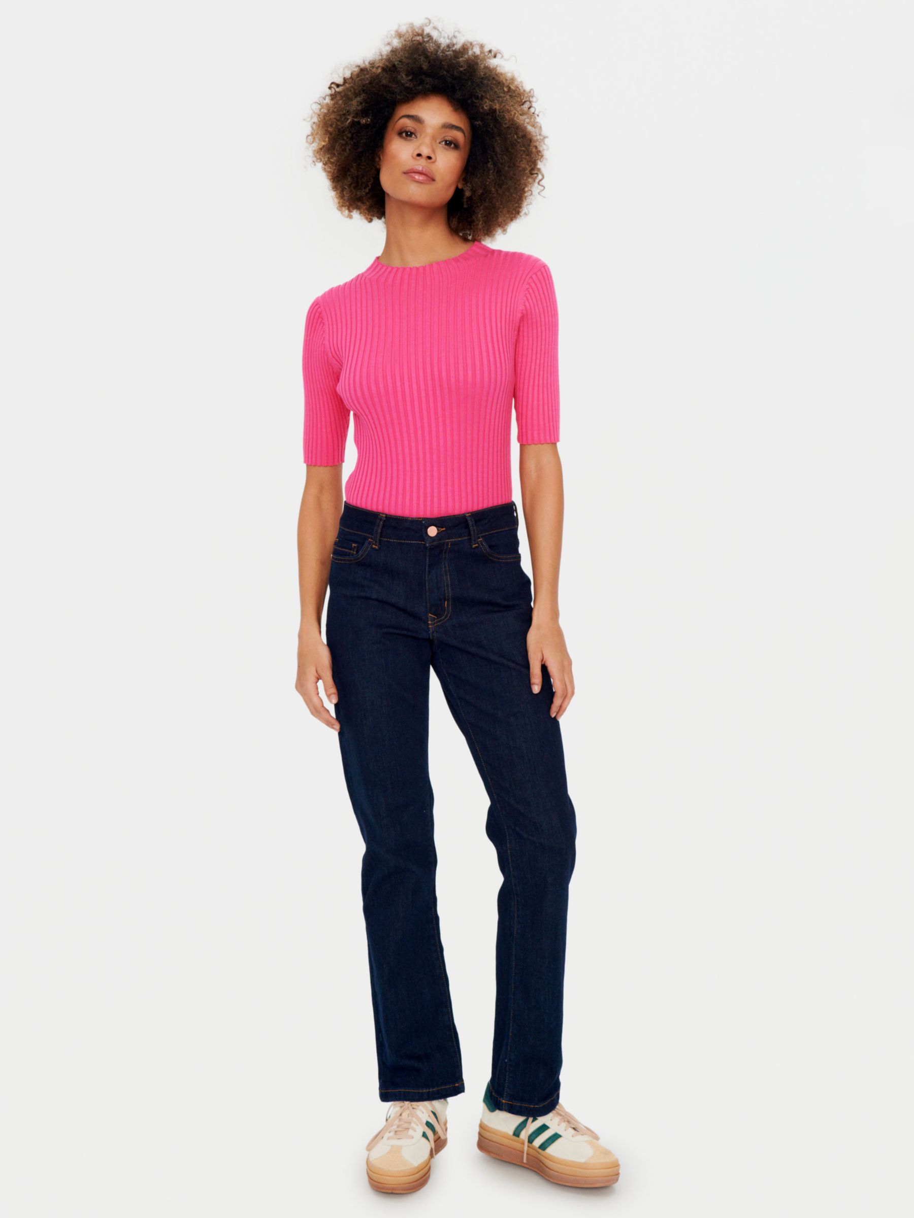 Saint Tropez Dania Slim Fit Half Sleeve Ribbed Jumper, Fandango Pink