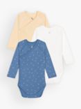 Petit Bateau Baby Cotton Paw Print/Stripe Wrapover Bodysuits, Pack Of 3, Multi