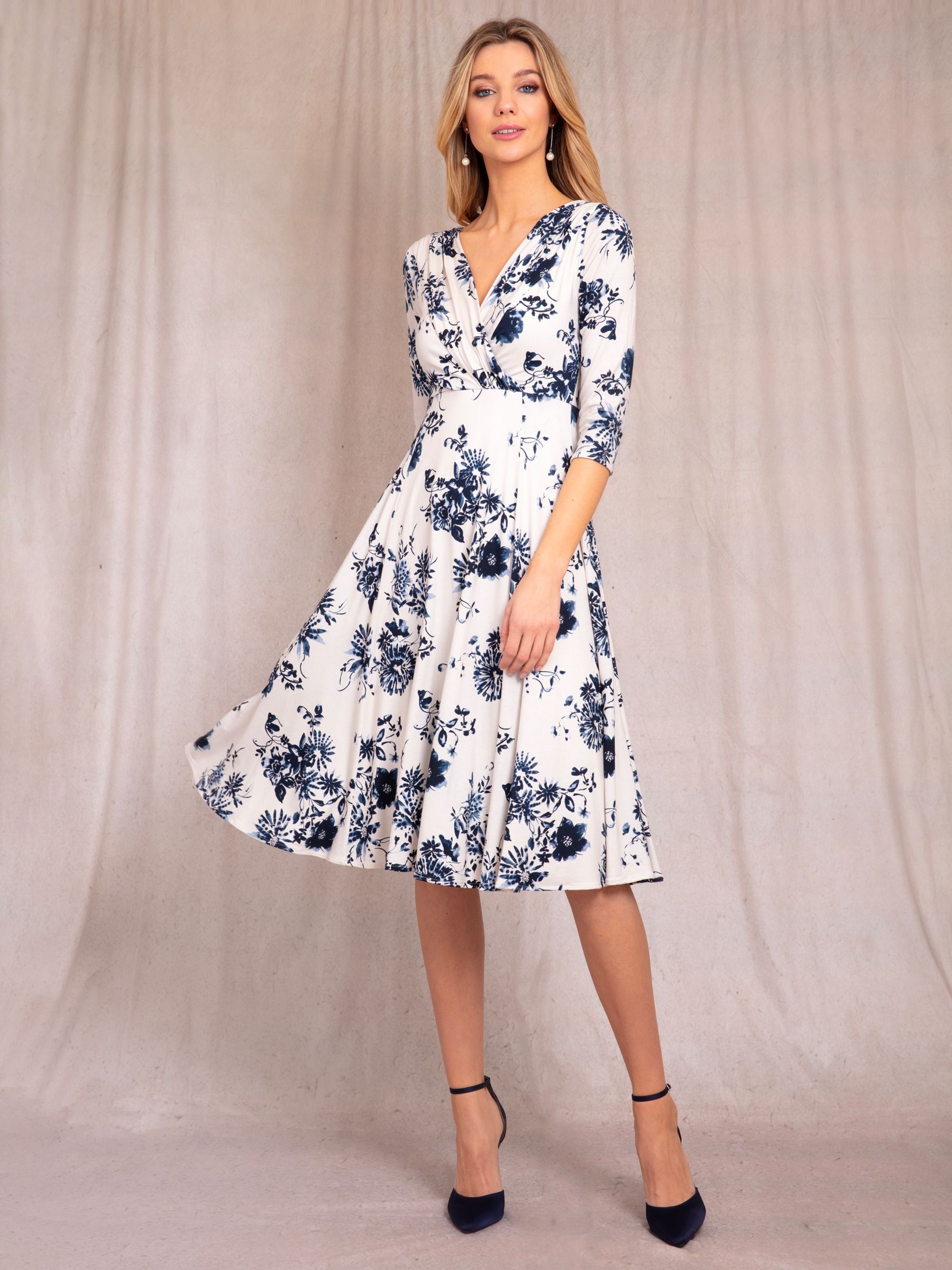 Alie Street Annie Floral Print Jersey Midi Dress, Oyster/Blue, 6-8