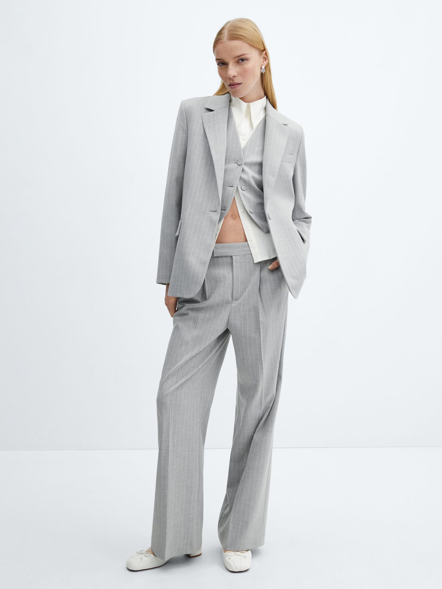 Mango Rayita Wide Leg Pinstripe Suit Trousers, Grey, 20