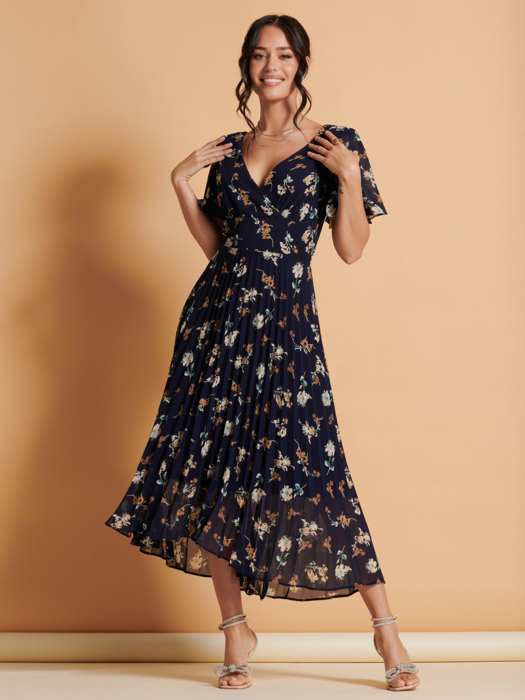 Jolie Moi Pleated Floral Chiffon Maxi Dress, Navy/Multi, 8