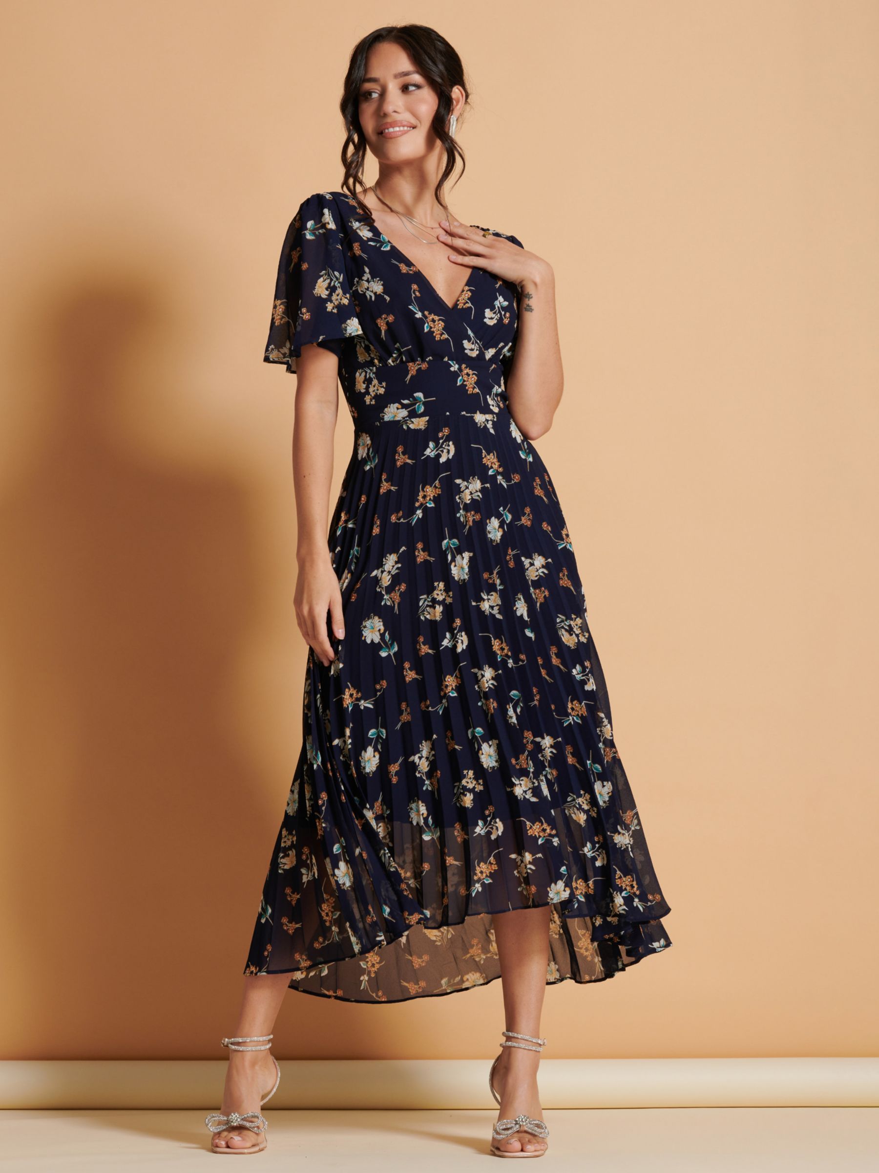 Jolie Moi Pleated Floral Chiffon Maxi Dress, Navy/Multi, 8