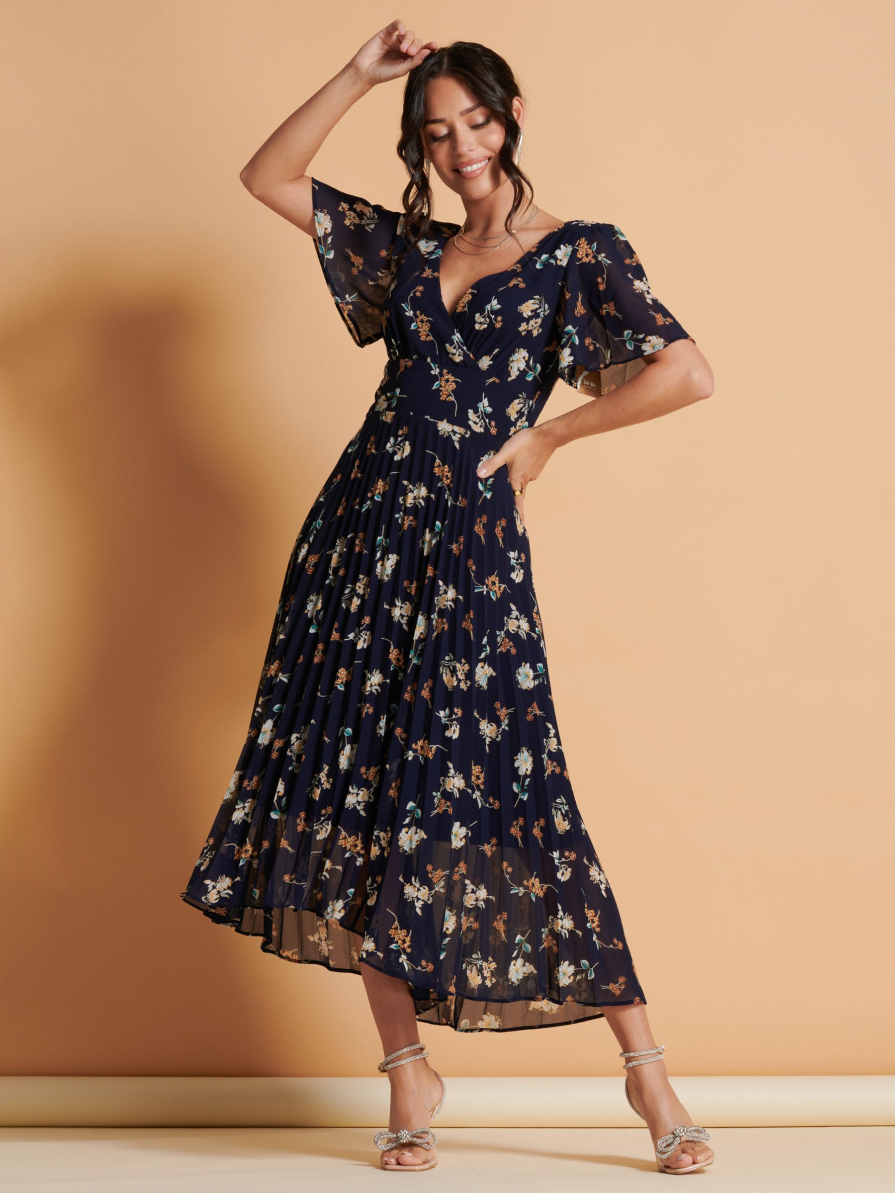 Buy Jolie Moi Pleated Floral Chiffon Maxi Dress, Navy/Multi Online at johnlewis.com