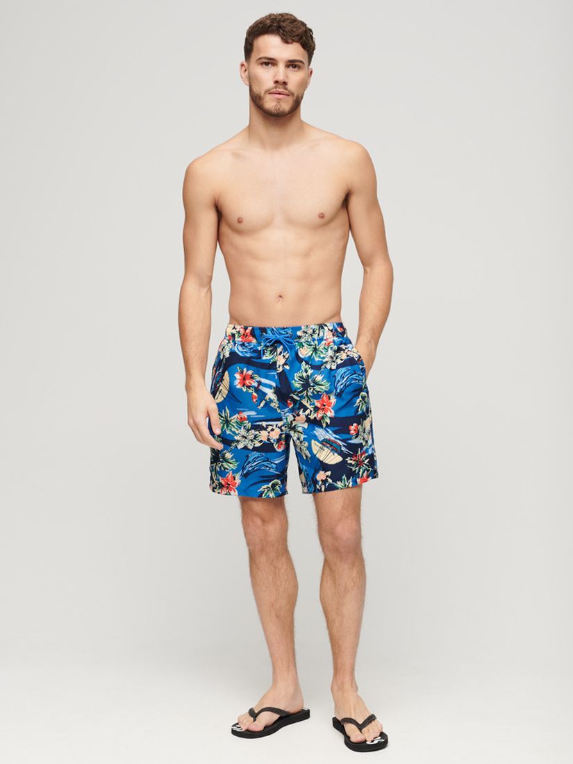 Superdry Hawaiian Print 17" Swim Shorts, Dolphin Ocean Blue/Multi, S