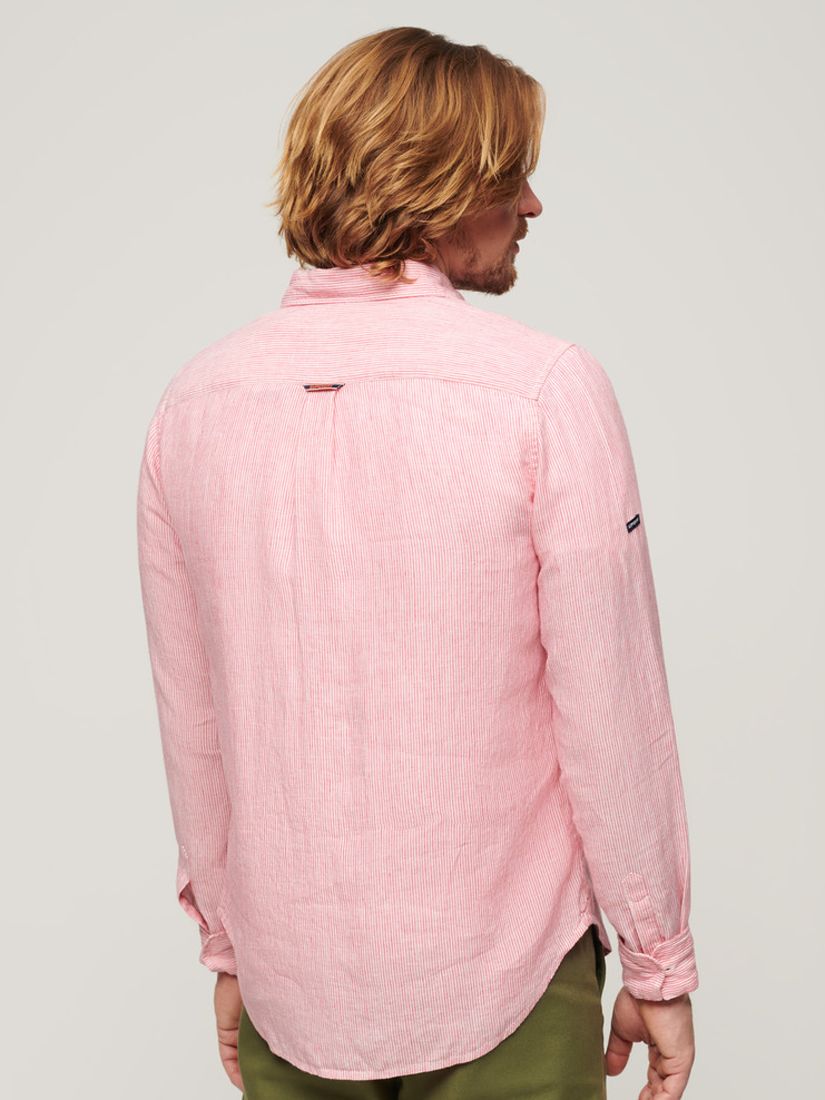 Superdry Stripe Linen Long Sleeve Shirt, House Pink Stripe, XL