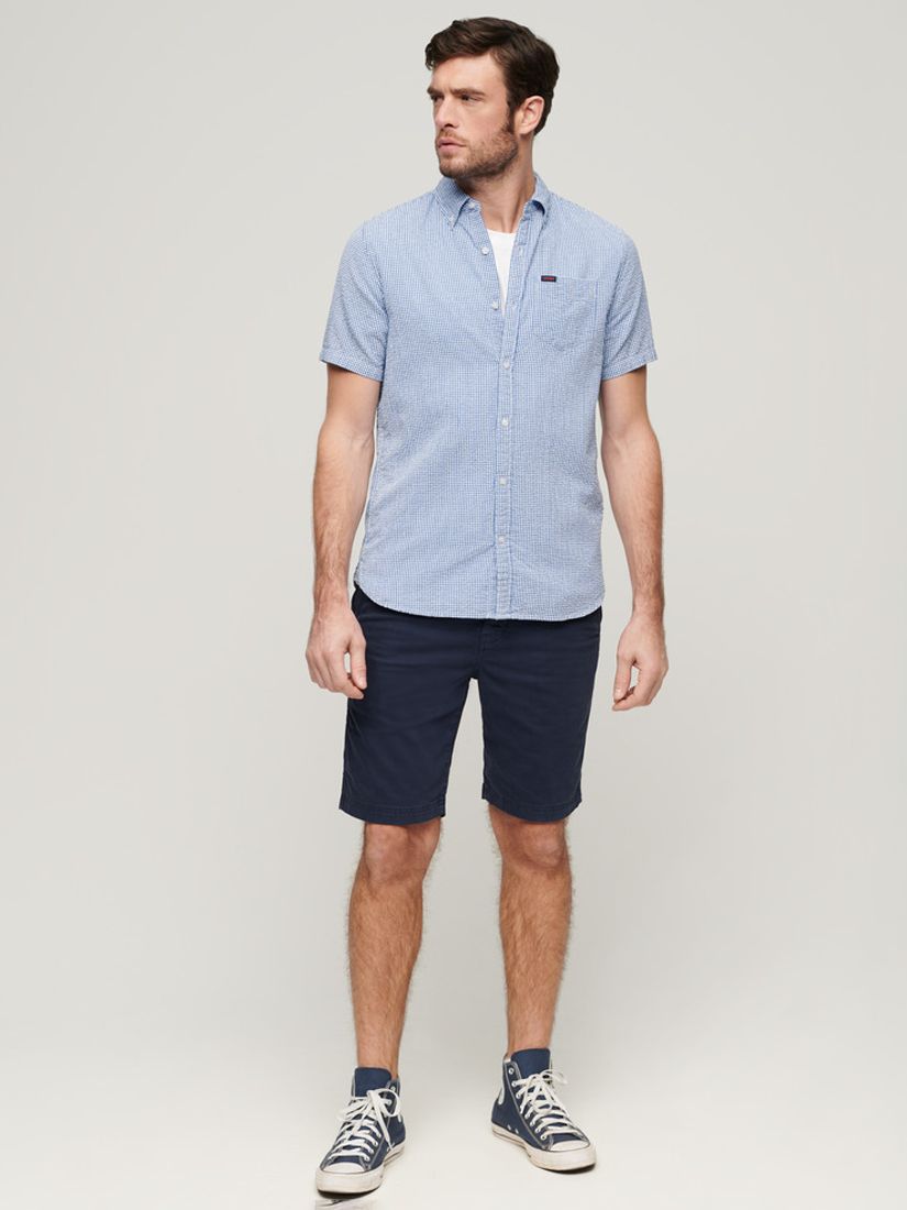 Superdry Organic Cotton Seersucker Short Sleeve Shirt, Royal Gingham, XXL