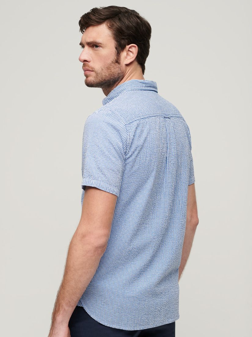 Superdry Organic Cotton Seersucker Short Sleeve Shirt, Royal Gingham, XXL