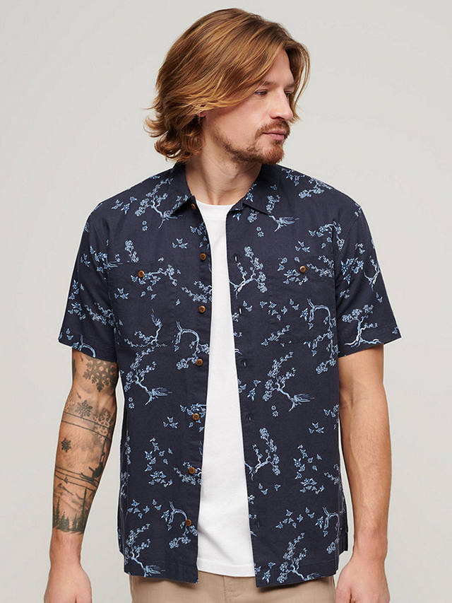 Superdry Linen Blend Short Sleeve Beach Shirt, Indigo Floral