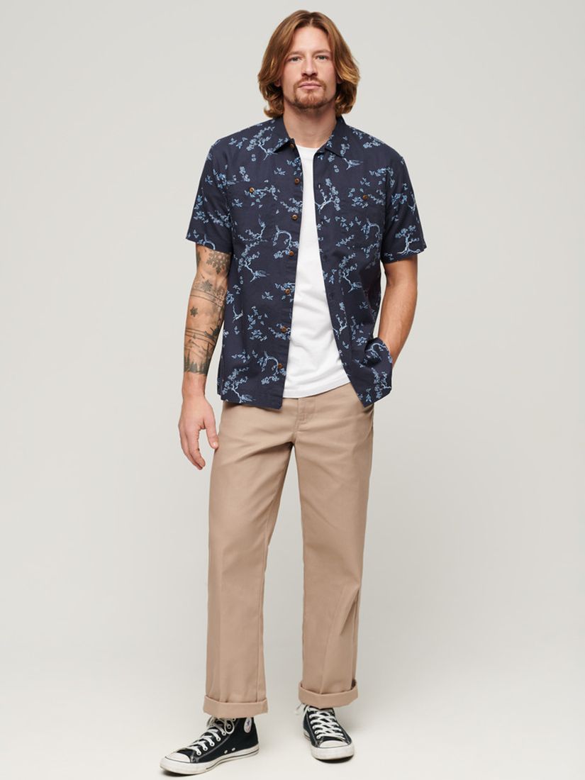 Superdry Linen Blend Short Sleeve Beach Shirt, Indigo Floral, S