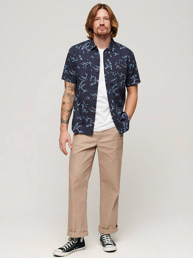 Superdry Linen Blend Short Sleeve Beach Shirt, Indigo Floral