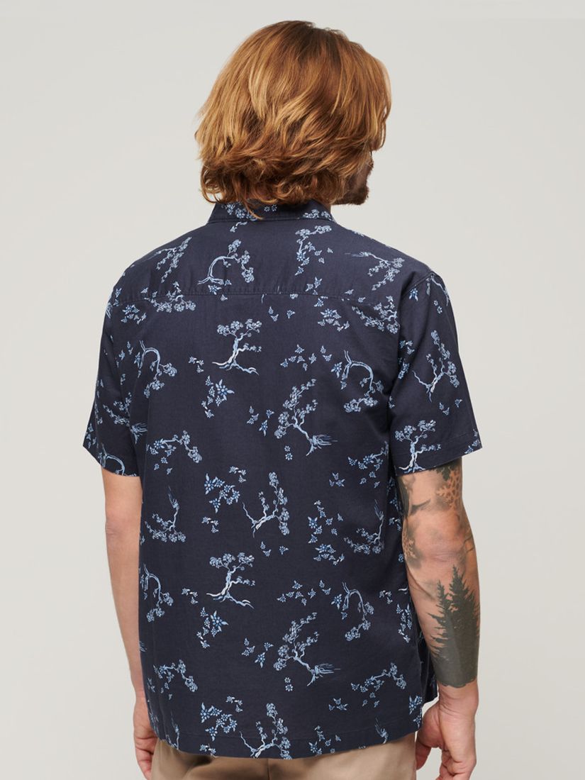 Superdry Linen Blend Short Sleeve Beach Shirt, Indigo Floral, S