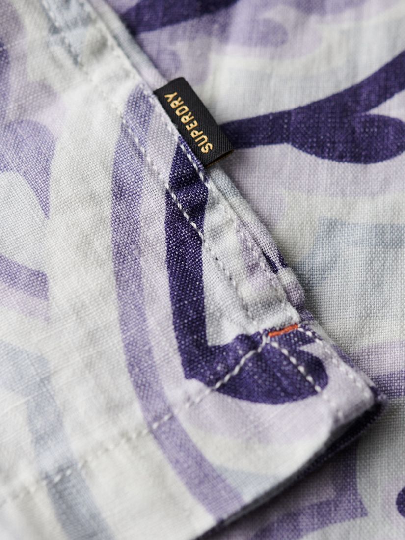 Superdry Open Collar Abstract Laurel print Linen Shirt, Grey/Multi, S