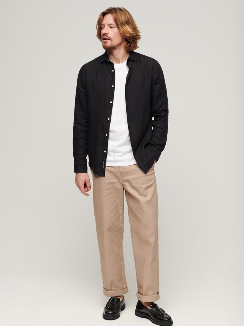 Superdry Casual Linen Long Sleeve Shirt, Black, S