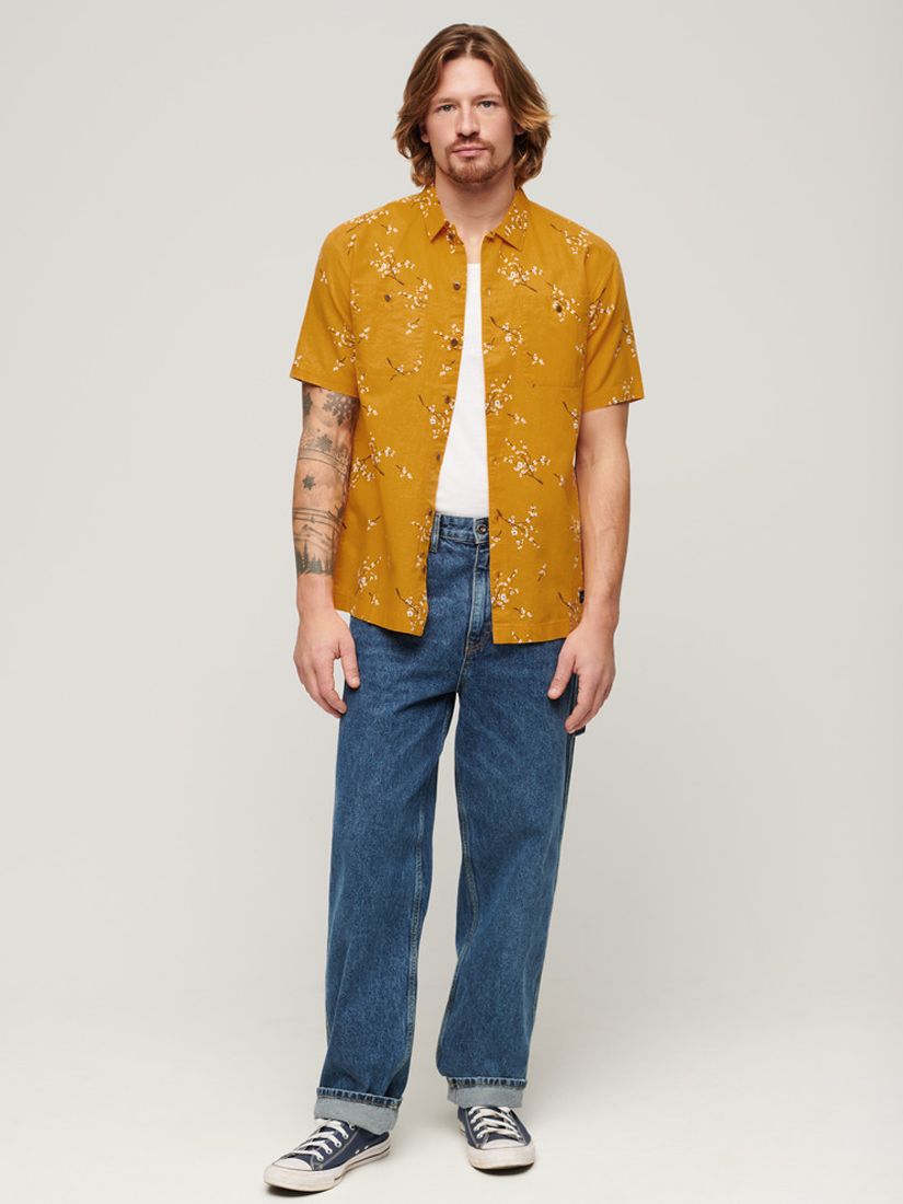 Superdry Linen Blend Short Sleeve Beach Shirt, Golden Blossom, S