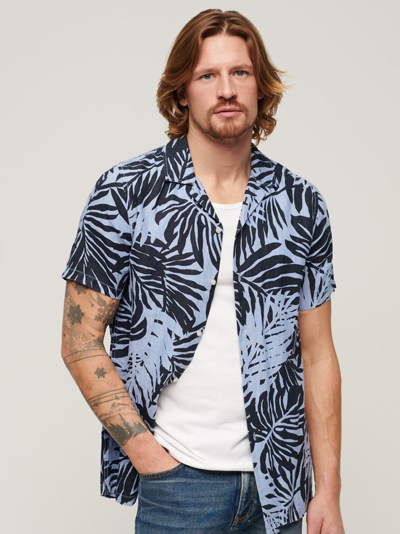 Superdry Open Collar Palm Print Linen Shirt, Blue, XL