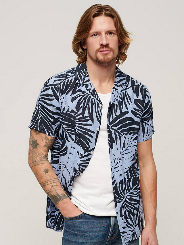 Superdry Open Collar Palm Print Linen Shirt, Blue