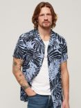 Superdry Open Collar Palm Print Linen Shirt, Blue