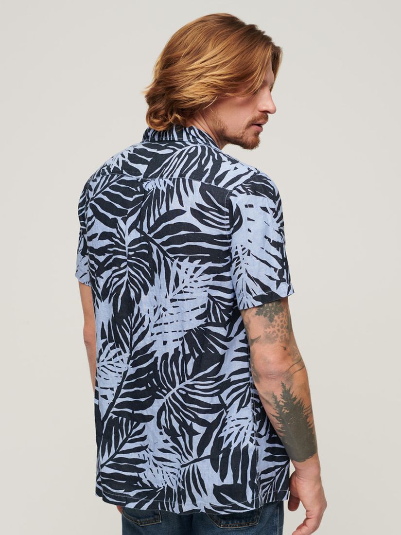 Superdry Open Collar Palm Print Linen Shirt, Blue, XL