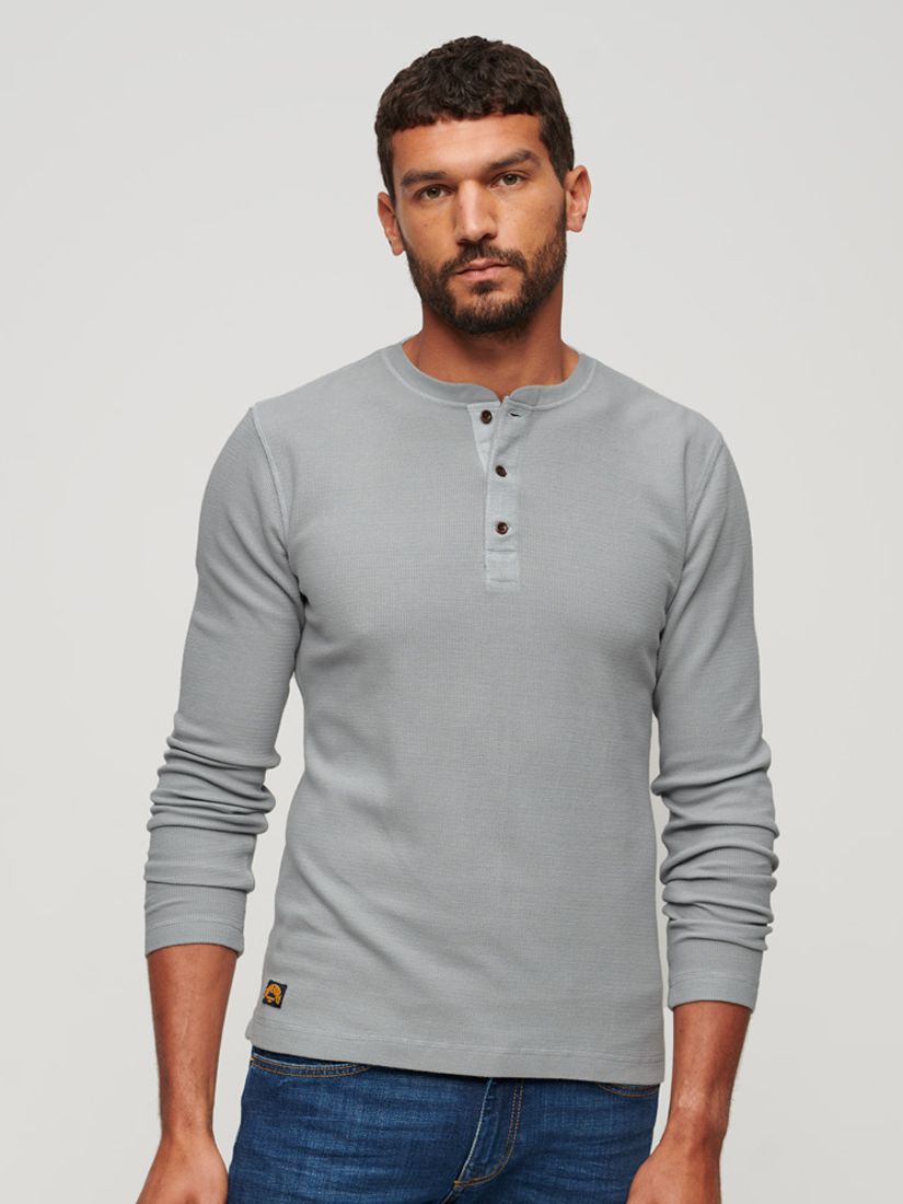 Superdry Relaxed Fit Waffle Cotton Henley Top, Skylark Grey at