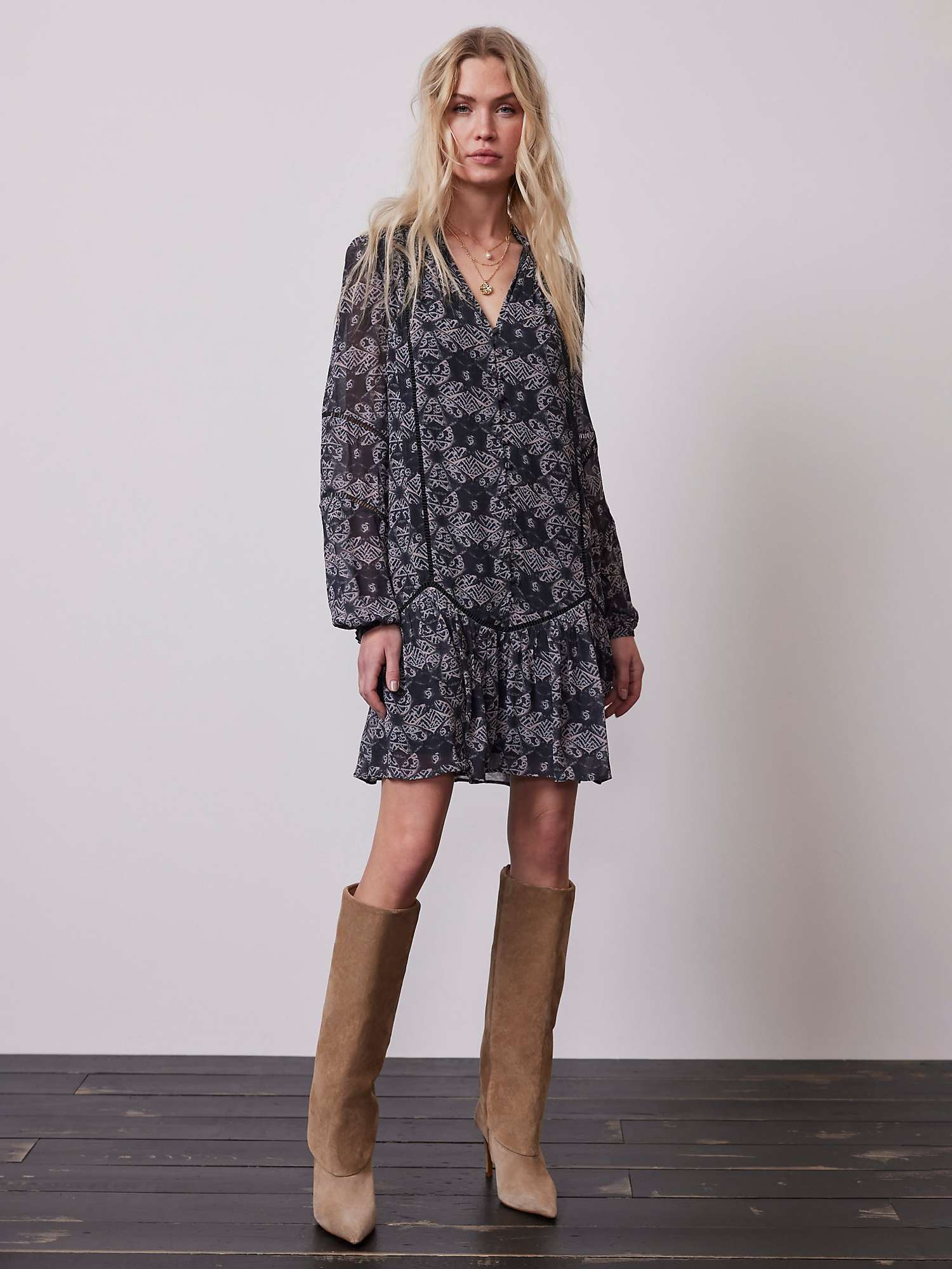 Buy Mint Velvet Block Print Ruffle Hem Mini Dress, Grey/Multi Online at johnlewis.com