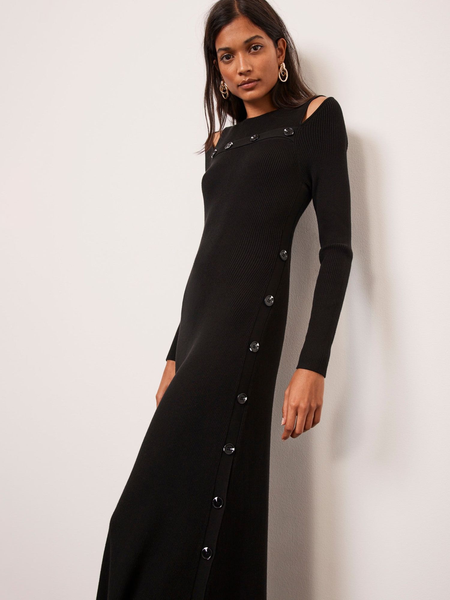 Buy Mint Velvet Ribbed Button Detail Midi Dress, Black Online at johnlewis.com
