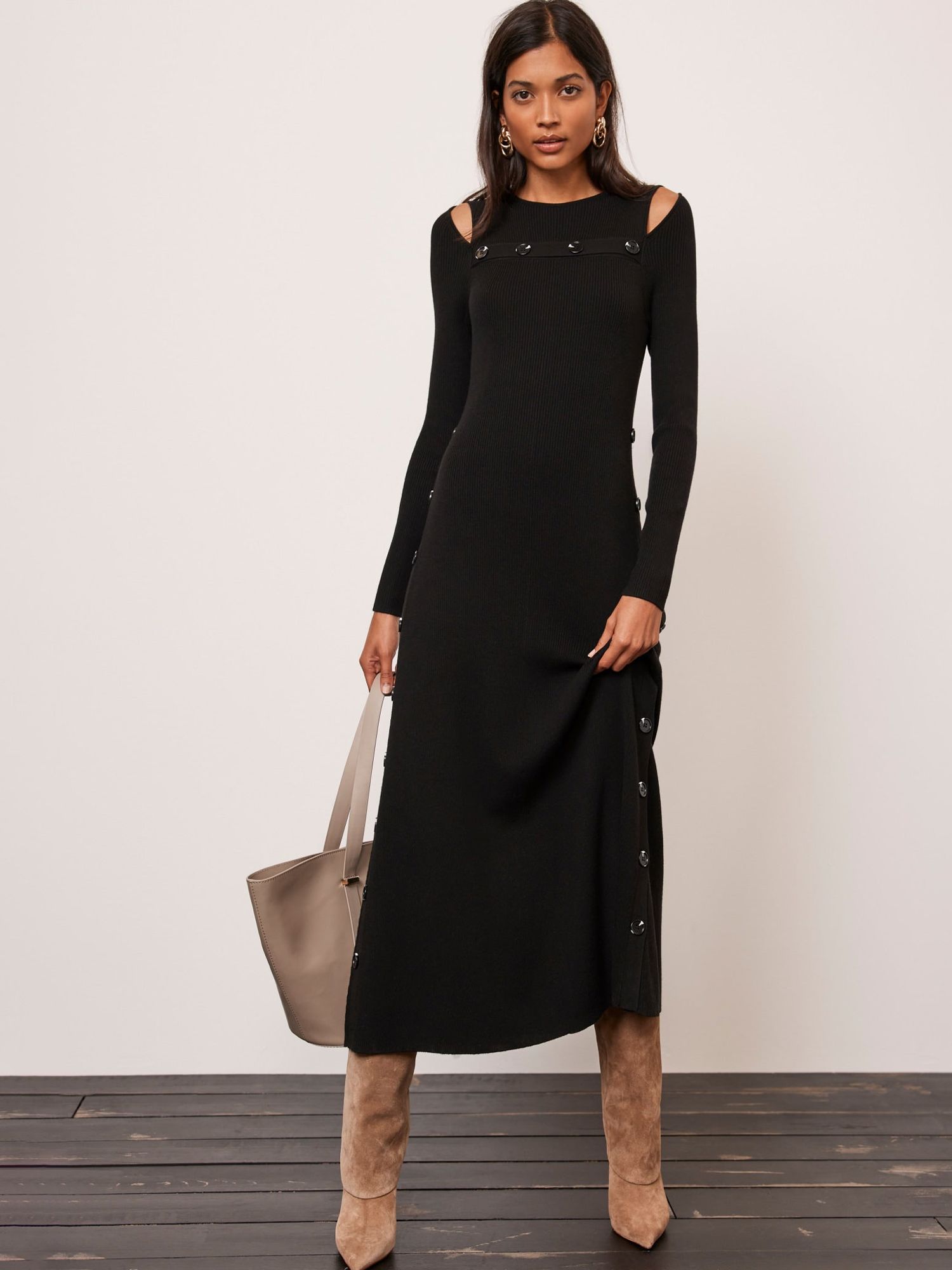 Buy Mint Velvet Ribbed Button Detail Midi Dress, Black Online at johnlewis.com