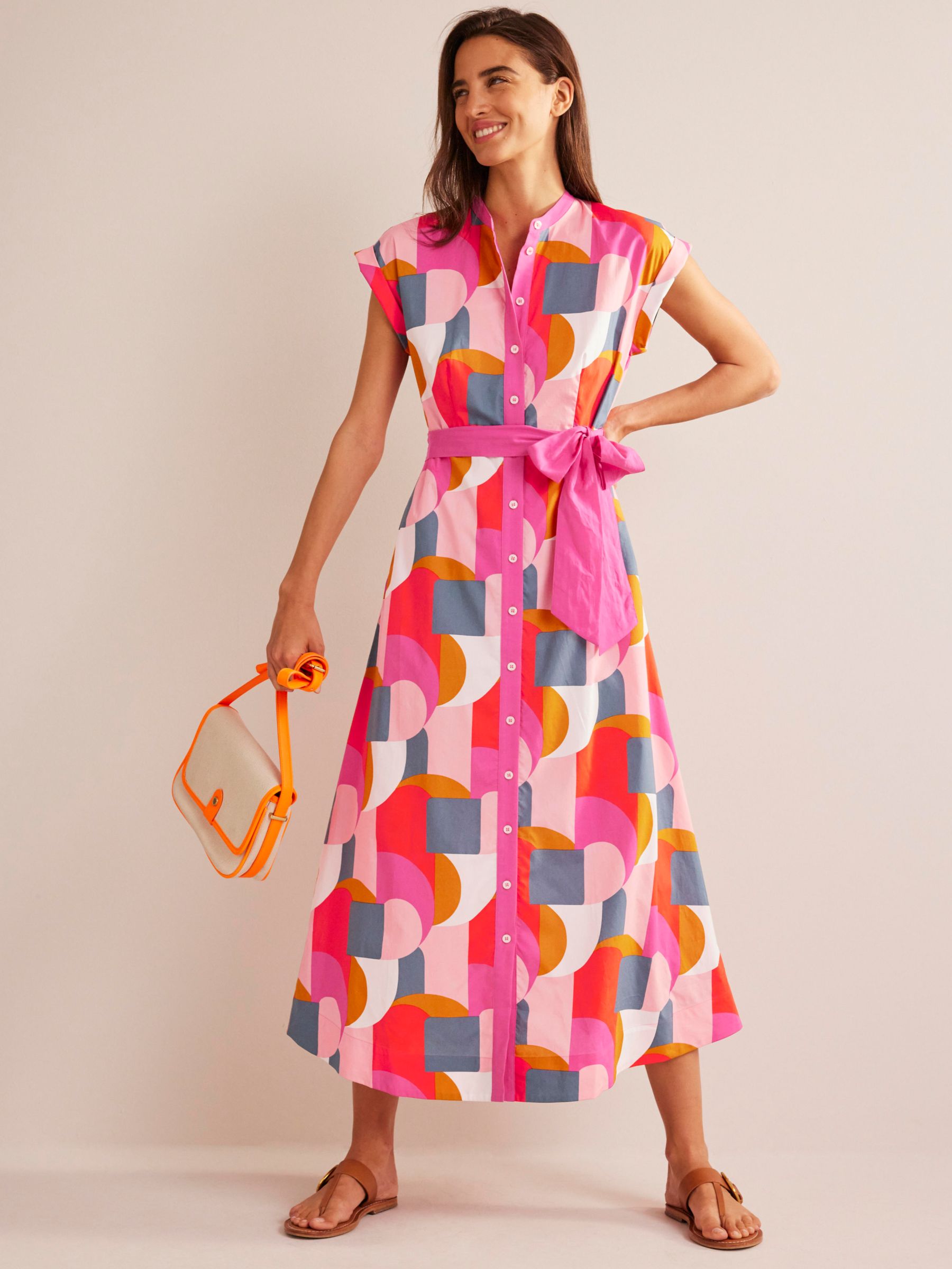 Boden Amanda Cotton Midi Dress, Pink Geometric Swirl, 8