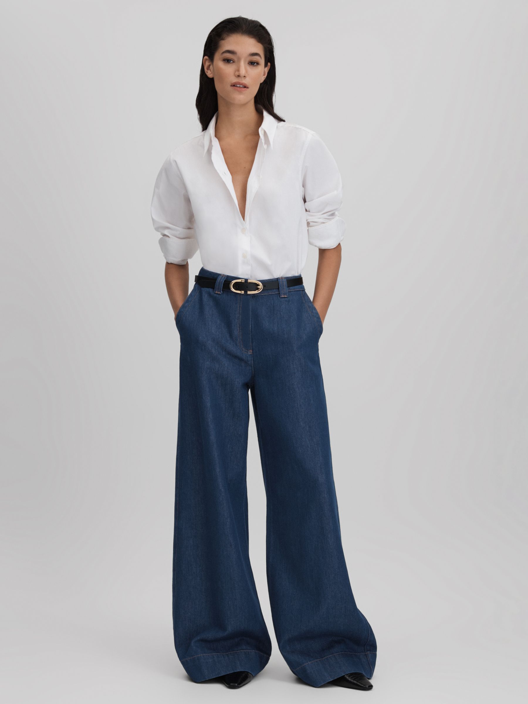 Reiss Olivia Lightweight Wide Leg Jeans, Dark Blue at John Lewis & Partners