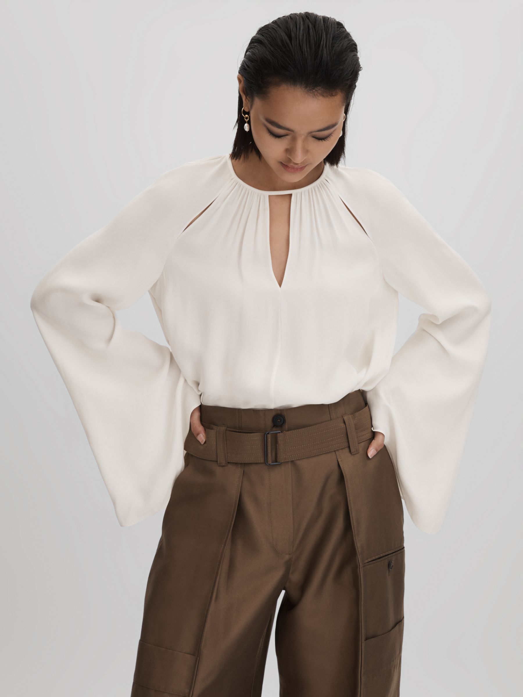 Reiss Gracie Cut Out Detail Blouse, Ivory at John Lewis & Partners