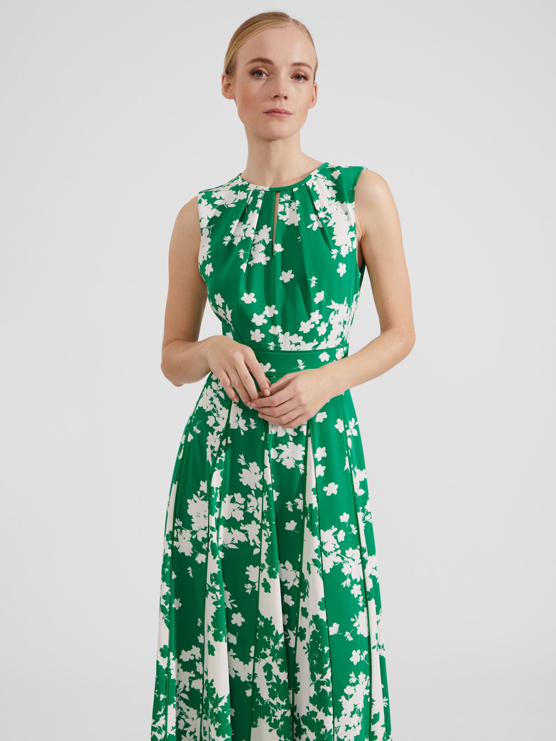 Hobbs Petite Angelica Floral Midi Dress, Green/ Ivory, 12