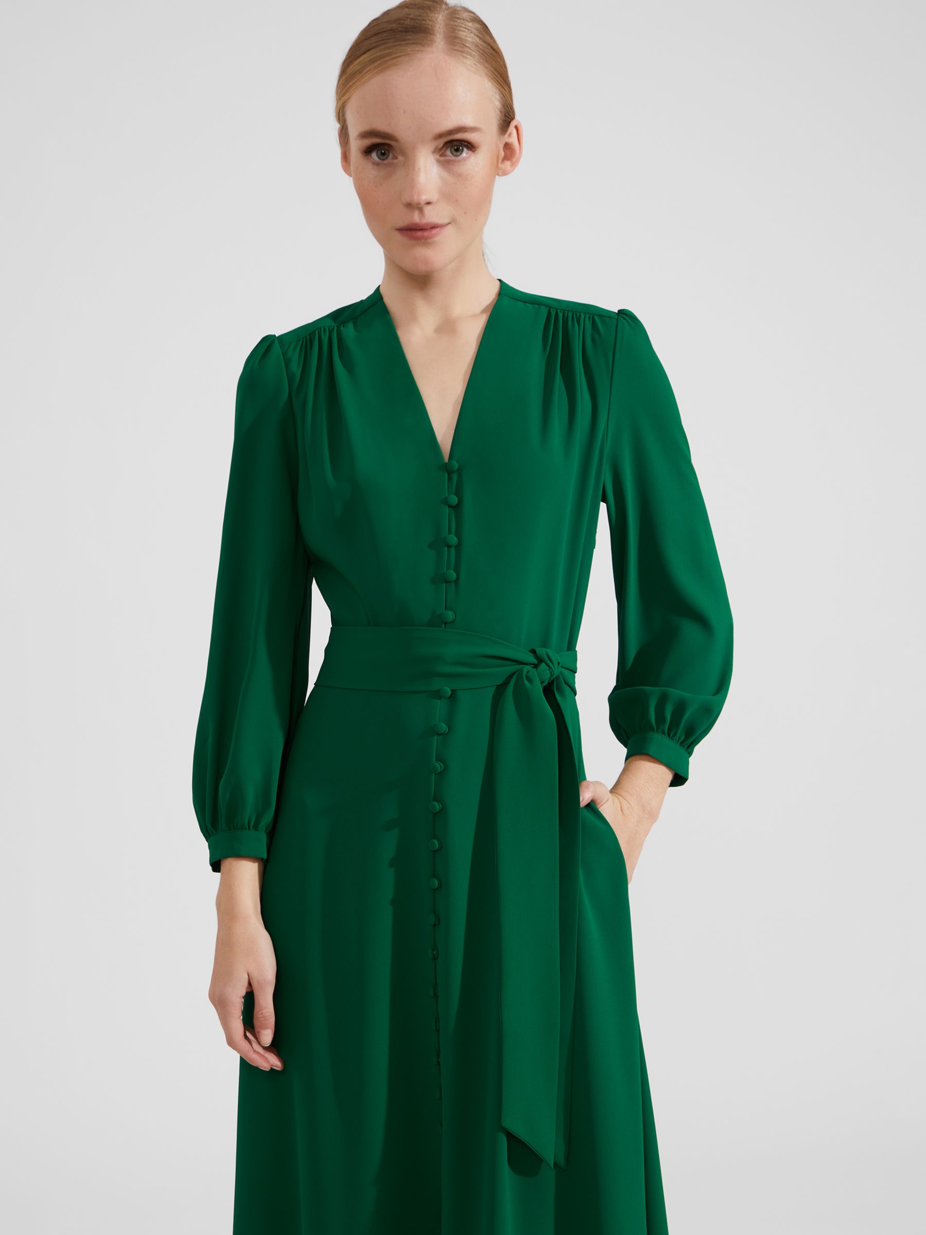 Hobbs Magnolia Belted Midi Dress, Green at John Lewis & Partners