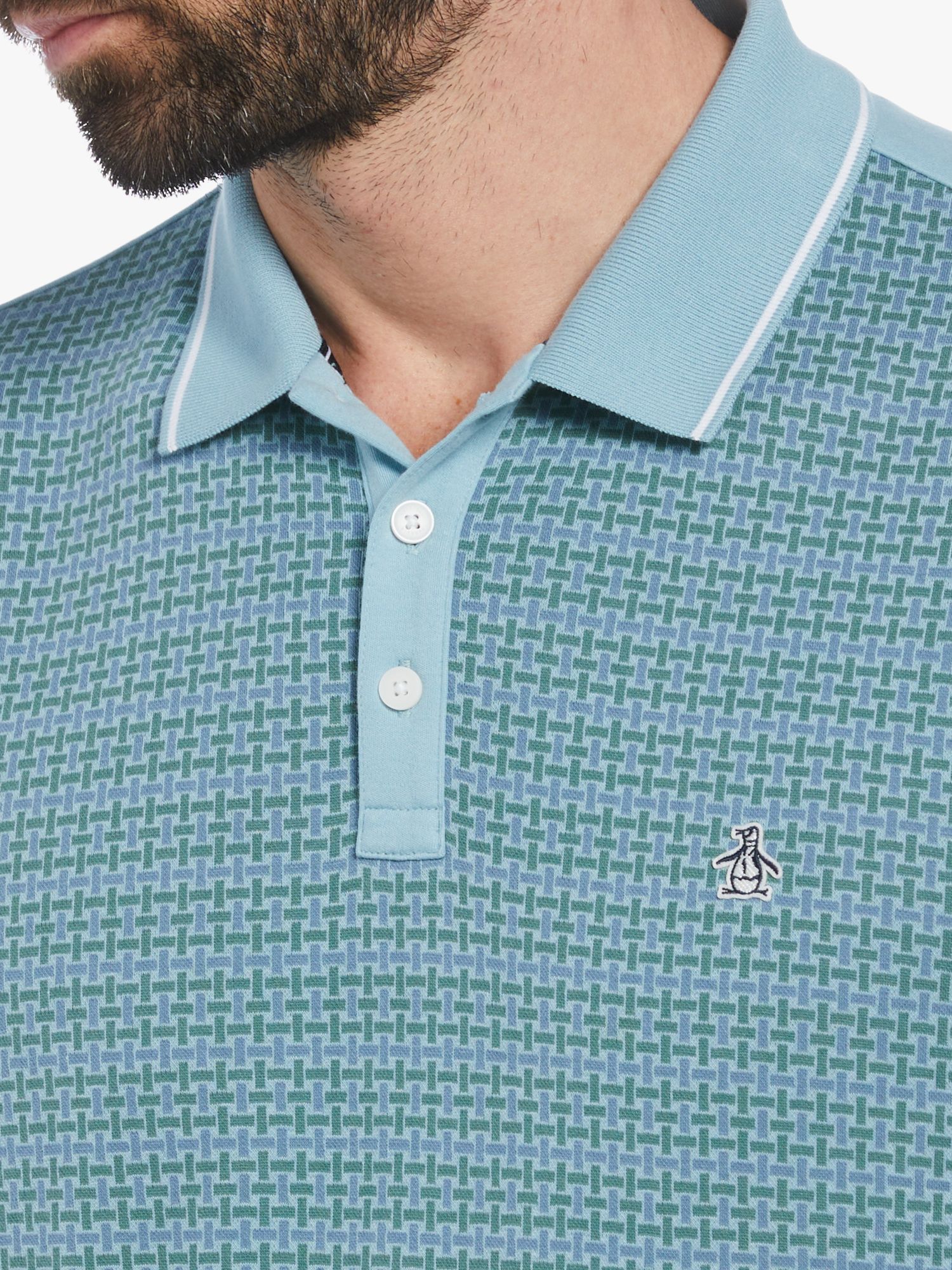 Original Penguin Basket Weave Jacquard Front Polo Shirt, Blue/Green, L