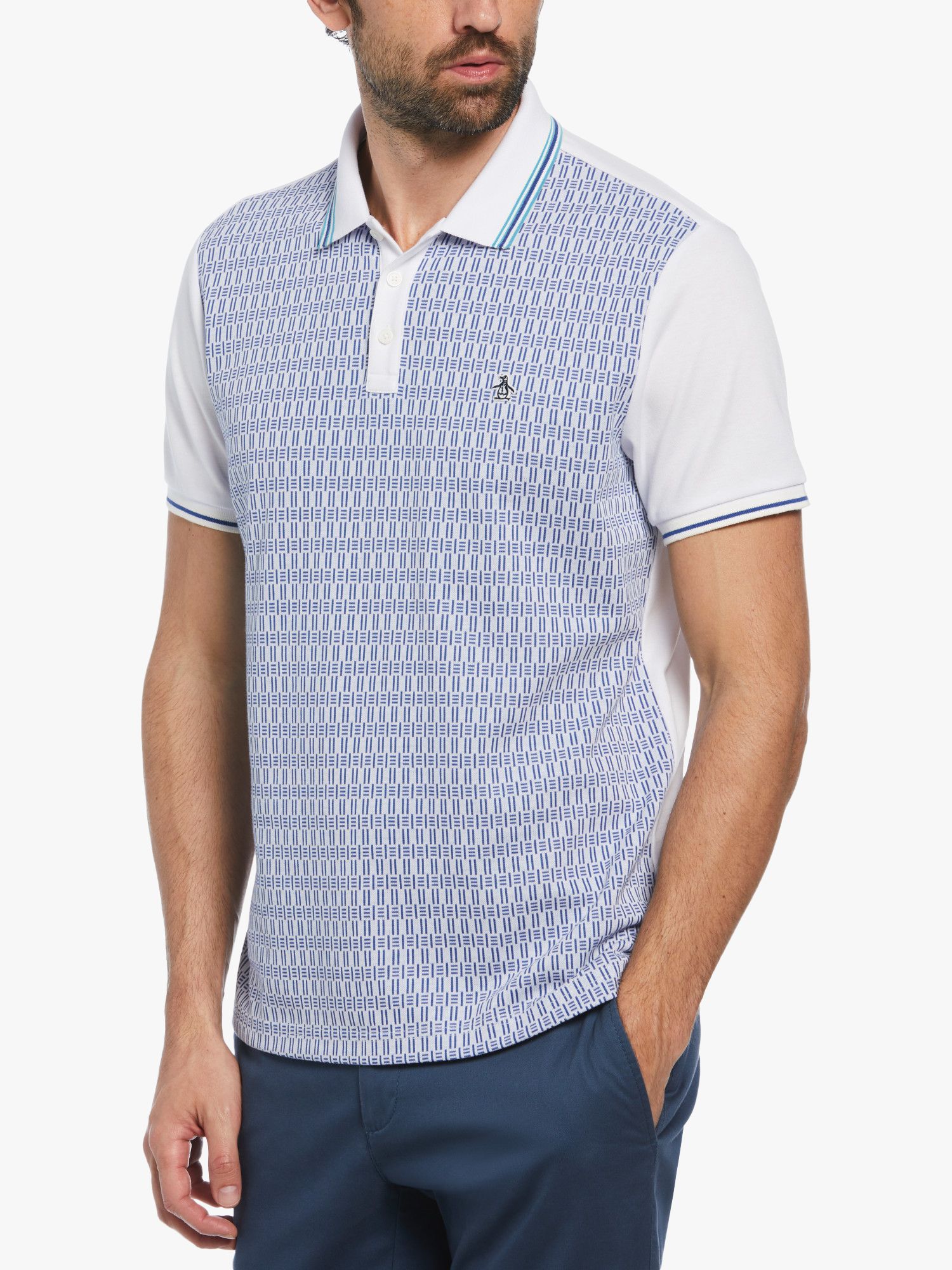 Original Penguin Jacquard Front Interlock Polo Shirt, Bright White/Blue, L