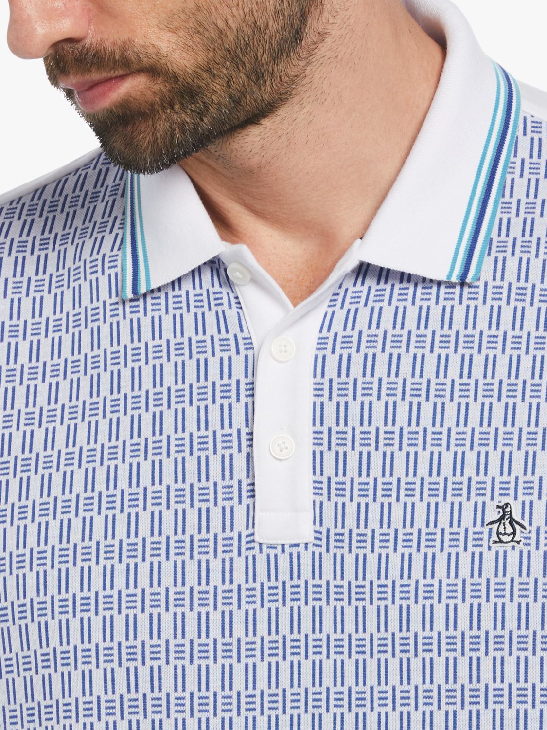 Original Penguin Jacquard Front Interlock Polo Shirt, Bright White/Blue, L