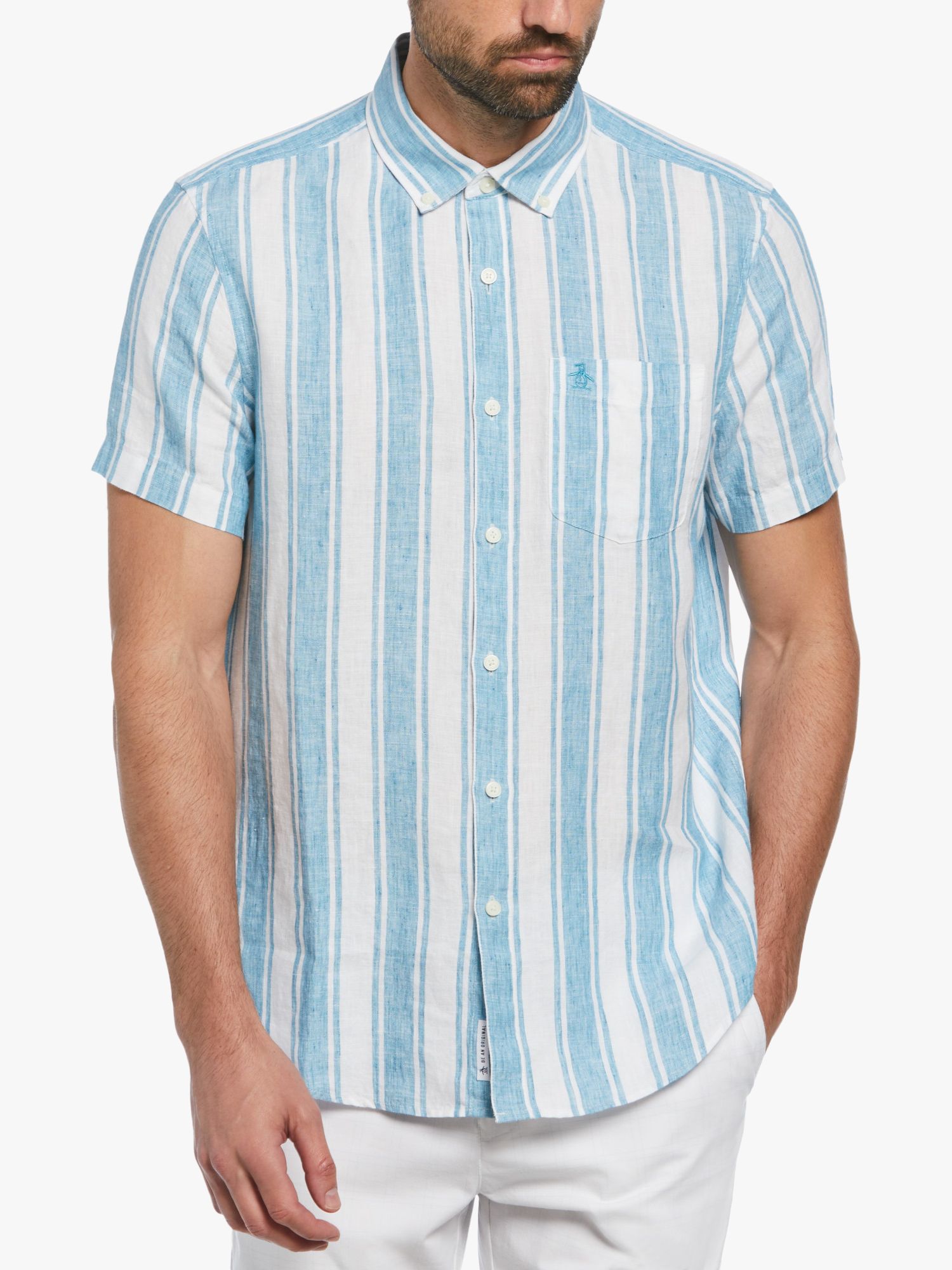 Original Penguin Vertical Stripe Linen Shirt, Blue Moon, XL