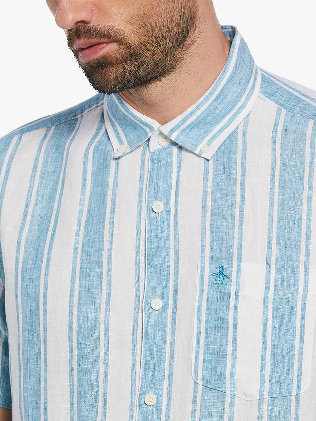 Original Penguin Vertical Stripe Linen Shirt, Blue Moon at John Lewis ...