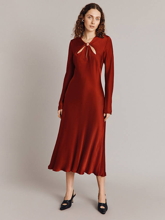 Ghost Freya Cut-Out Detail Satin Midi Dress, Red