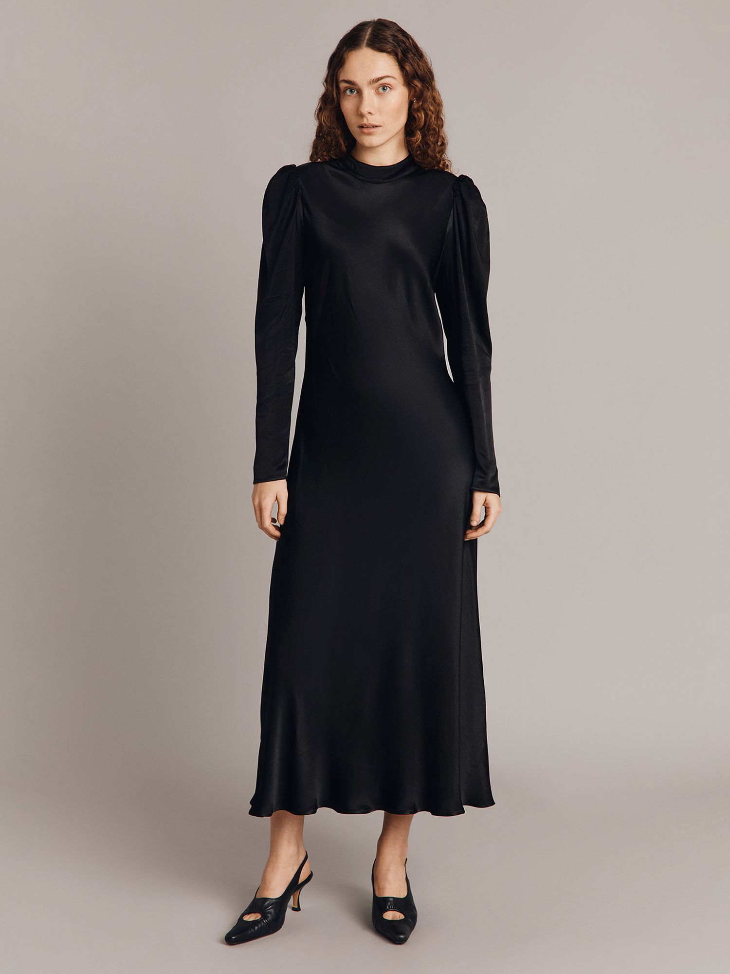 Ghost Harper Puff Sleeve Satin Midi Dress, Black at John Lewis & Partners