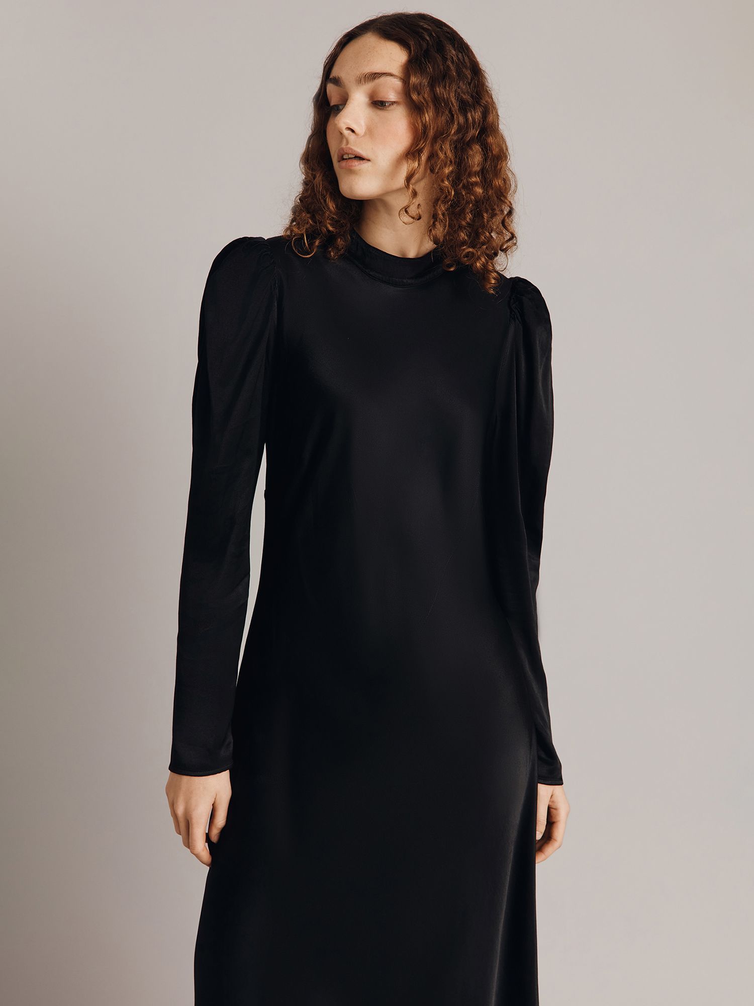 Ghost Harper Puff Sleeve Satin Midi Dress, Black at John Lewis & Partners