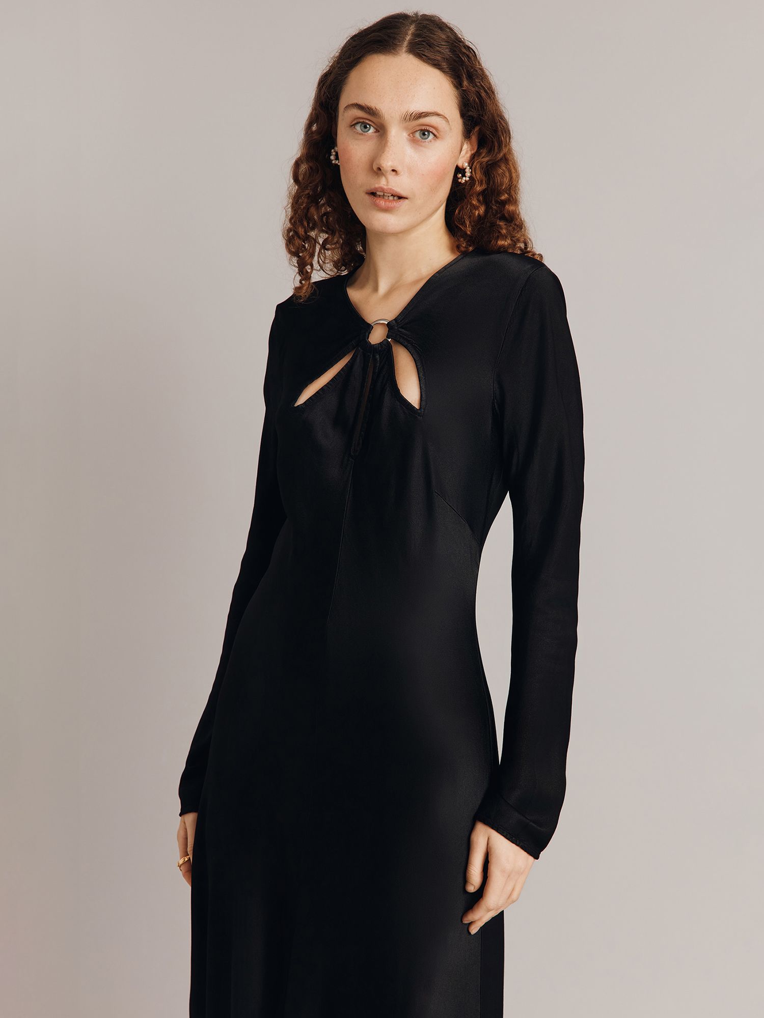 Ghost Freya Cut-Out Detail Satin Midi Dress, Black, XS